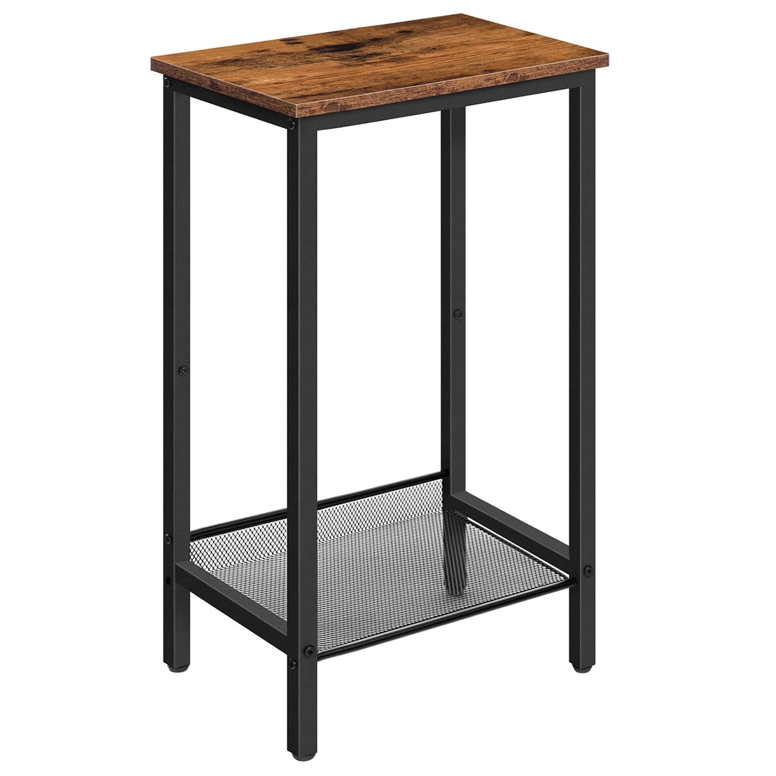 HOOBRO Tall Side Table for Living Room, Tall End Table with Adjustable Mesh Shelf, Slim Sofa Side Table for Small Spaces, Industrial Tall Nightstand for Bedroom, Rustic Brown and Black EBF03DH01