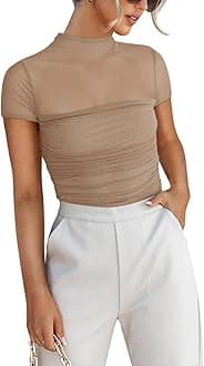 REORIAWomen's Sexy Mock Turtle Neck Short Sleeve Shirts Sheer Mesh Ruched Trendy Going Out Bodysuits TopsGlobal Recycled StandardGlobal Recycled StandardGlobal Recycled Standard