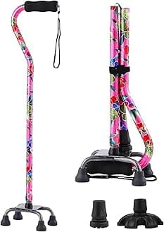 - Floral Quad Cane for Women, Adjustable Walking Canes with 3-in-1 Interchangeable Base(3 Tips) for Versatile Support, Stylish & Stable Mobility Aid for Seniors Confidence