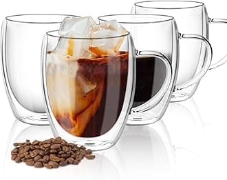 4 Pack Double Walled Glass Coffee Cups, Insulated Latte Glasses Mugs, Mug Tea Cups with Handles, Heat Resistant, Cappuccino Espresso Cup (Clear-4x350ml)