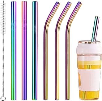 Vinaco Reusable Smoothie Straw, 0.4'' Extra Wide Stainless Steel Straw 10.5'' & 8.5'' Long colorful Straws, 6 Pack Metal Straw with 1 Reusable Straw Brush Cleaner for Milkshake, Smoothie, Bubble tea