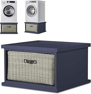 Tetbury Washing Machine Pedestal Stand with Drawer. Storage Dryer Riser with Basket in Navy Blue. Laundry Room Furniture