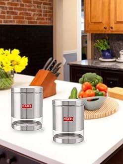 HAZEL Stainless Steel Containers Set for Kitchen Storage Transparent See Through Matt Finish Storage Jars Dabba, Set of 2, 2200 ML Each, Silver