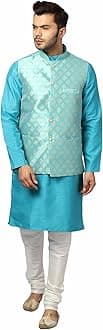 Uri and MacKenzie Men's Silk Blend Regular Kurta Churidar Pyjama with Bundi Nehru Jacket/Waistcoat