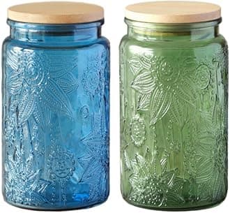 ANSQU Set of 2 Vintage Glass Jars, 34oz Candy Jars with Lids, Vintage Colored Mason Jar for Kitchen Decorative Jars for Coffee Tea Candy Cookies, Cute Jar (Blue & Green)