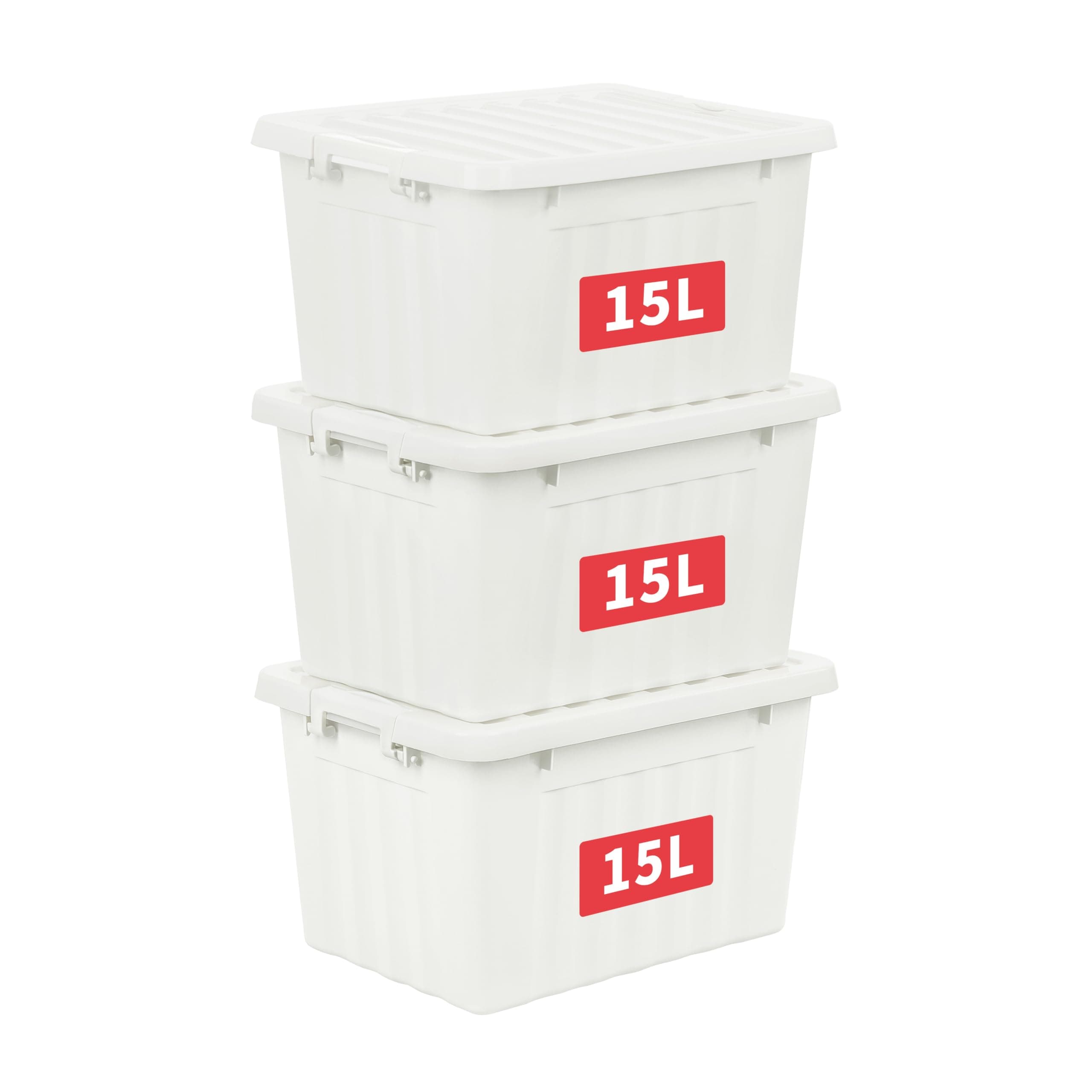 15L*3 Storage Boxes with Lids, Plastic Storage Box with Latching Buckles, Click Closure, Stackable, Nesting, Organizer for Home Office Clothes, White, 15L-3 Pack