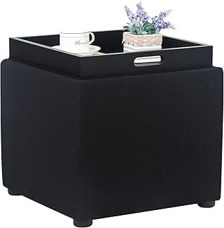 Adeco Square Storage Ottoman with Reversible Tray Top, 17-inch Linen Cube Footrest & Coffee Table for Living Room, Bedroom & Small Spaces, Black