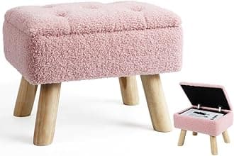 Vanity Stool Chair with Storage，Teddy Velvet Footstool with Wood Legs，Pink