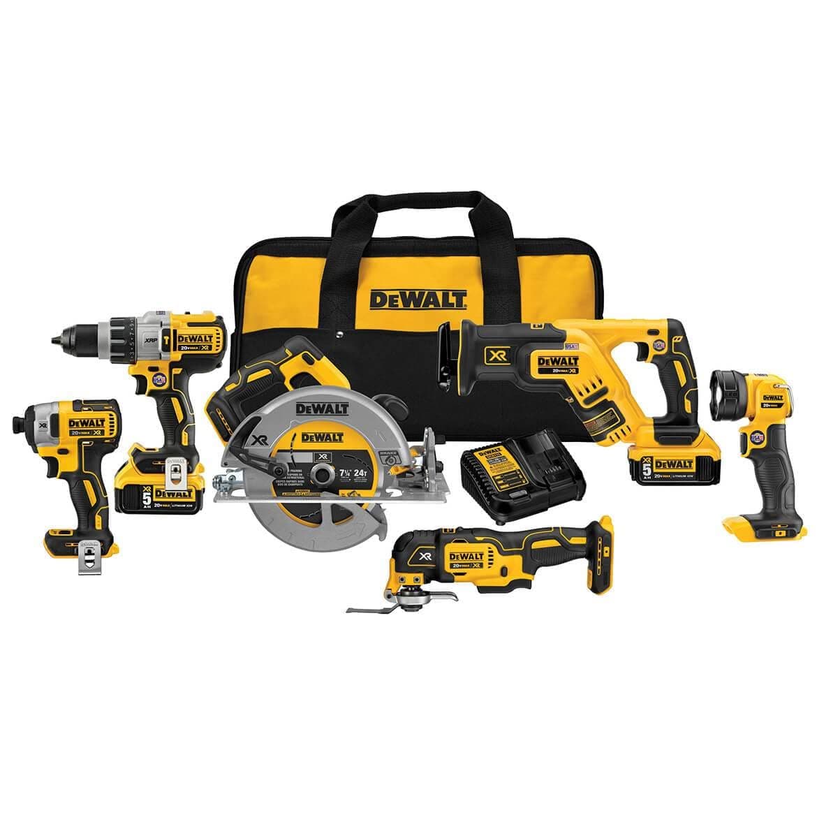DEWALT Power Tools Set 20V MAX, 6 Tools Cordless Power Tool Combo Kit , 2 Batteries, Charger, Hammer Drill Driver, Impact Driver, Circular Saw, Reciprocating Saw, Oscillating Multi-Tool,LED (DCK694P2)