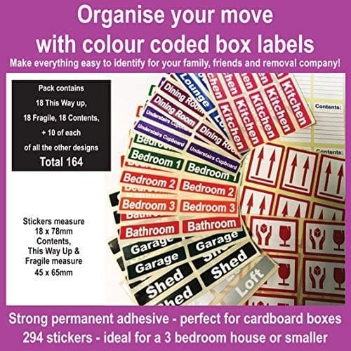 164 Room Labels for Moving Home - Colour Coded Box Labels/Stickers - Organise Your House Move