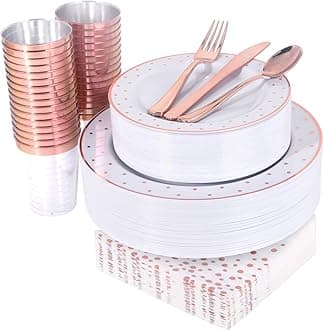 WELLIFE 350 PCS Rose Gold Plastic Plates, Includes: 50 Dinner Plate, 50 Dessert Plate, 50 Forks, 50 Knives, 50 Spoons, 50 Cups, 50 Dot Napkins for Party and Wedding