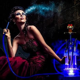 Premium 4-Hose LED Hookah Set with Acrylic Base - Modern Blue Shisha Kit for Home & Party Use | Complete with Bowl, Tongs & Hoses | Foutain Design Shisha Kit