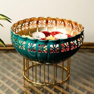 Green Urli Bowl with Stand for Home Décor & Table Decoration | Floating Flowers, Tealight Candles Water Bowl for Diwali Pooja and Other Festivals | Gift for Various Occasions