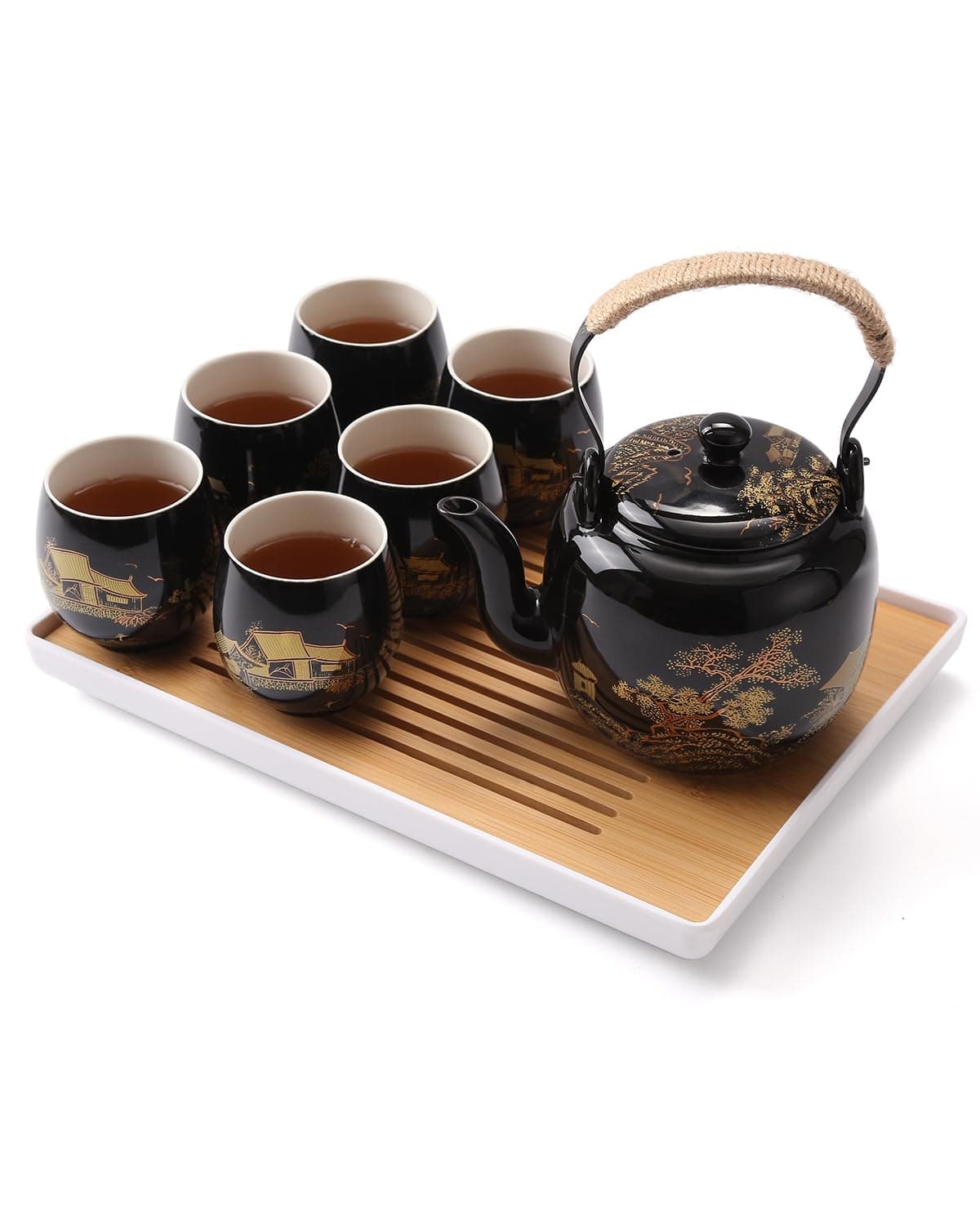 Dujust Japanese Tea Set, Black Porcelain Tea Set with 1 Teapot Set, 6 Tea Cups, 1 Tea Tray, 1 Stainless Infuser, Beautiful Asian Tea Sets for Adults, Tea Lover/Women/Men (Countryside in Golden)