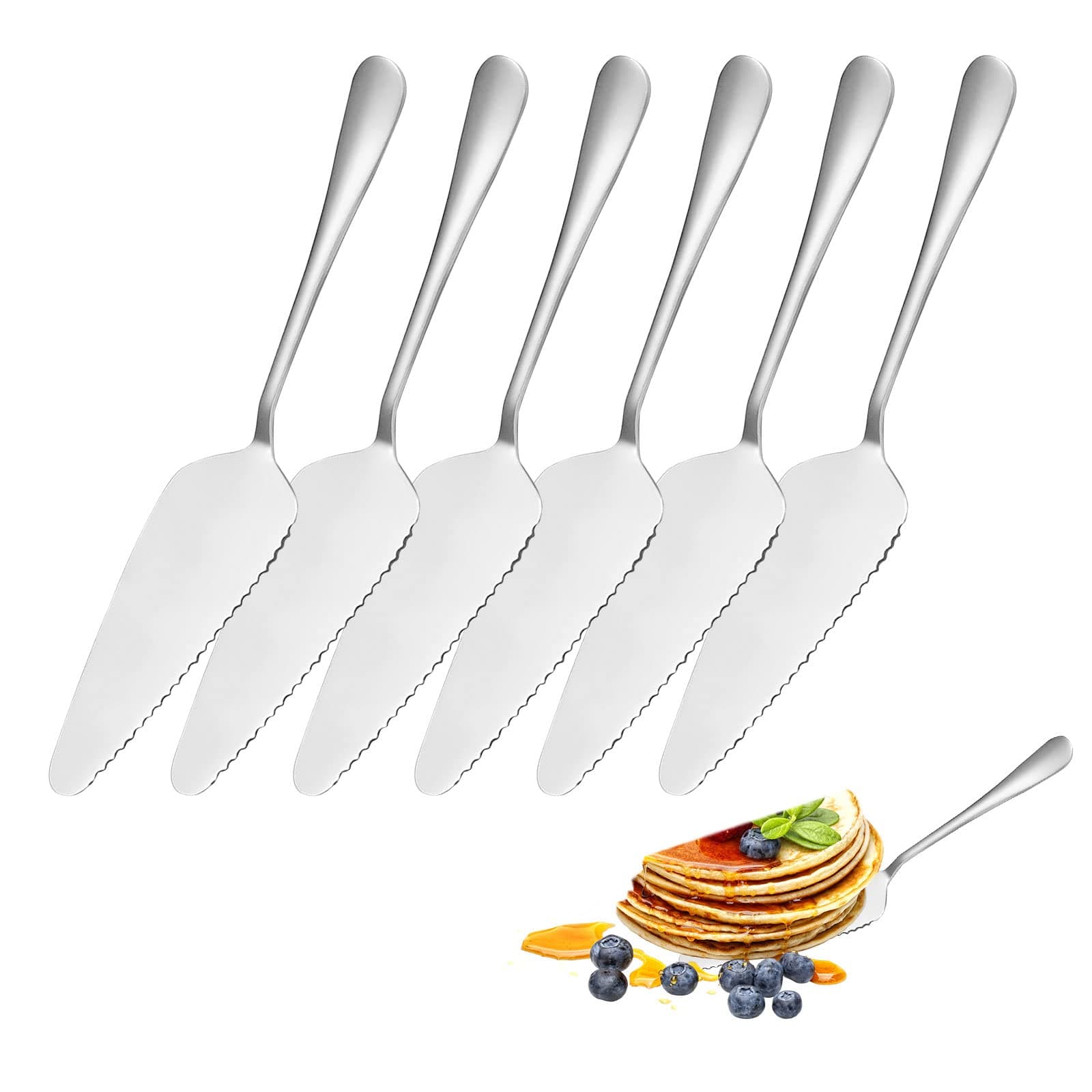 6 Pieces Cake Slice, Cake Server, Silver Cake Knife, Stainless Steel Cake Slicer, Cake Cutter with Serrated Edges, Cake Pizza Pie Server for for Kitchen, Party and Wedding