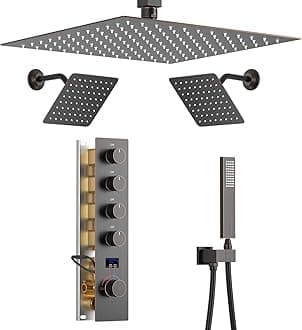 Oil Rubbed Bronze Digital Display Shower System with 12 inch Ceiling Mounted Shower Head and Wall Mounted Two Shower Head(8 inch), with Handheld Shower