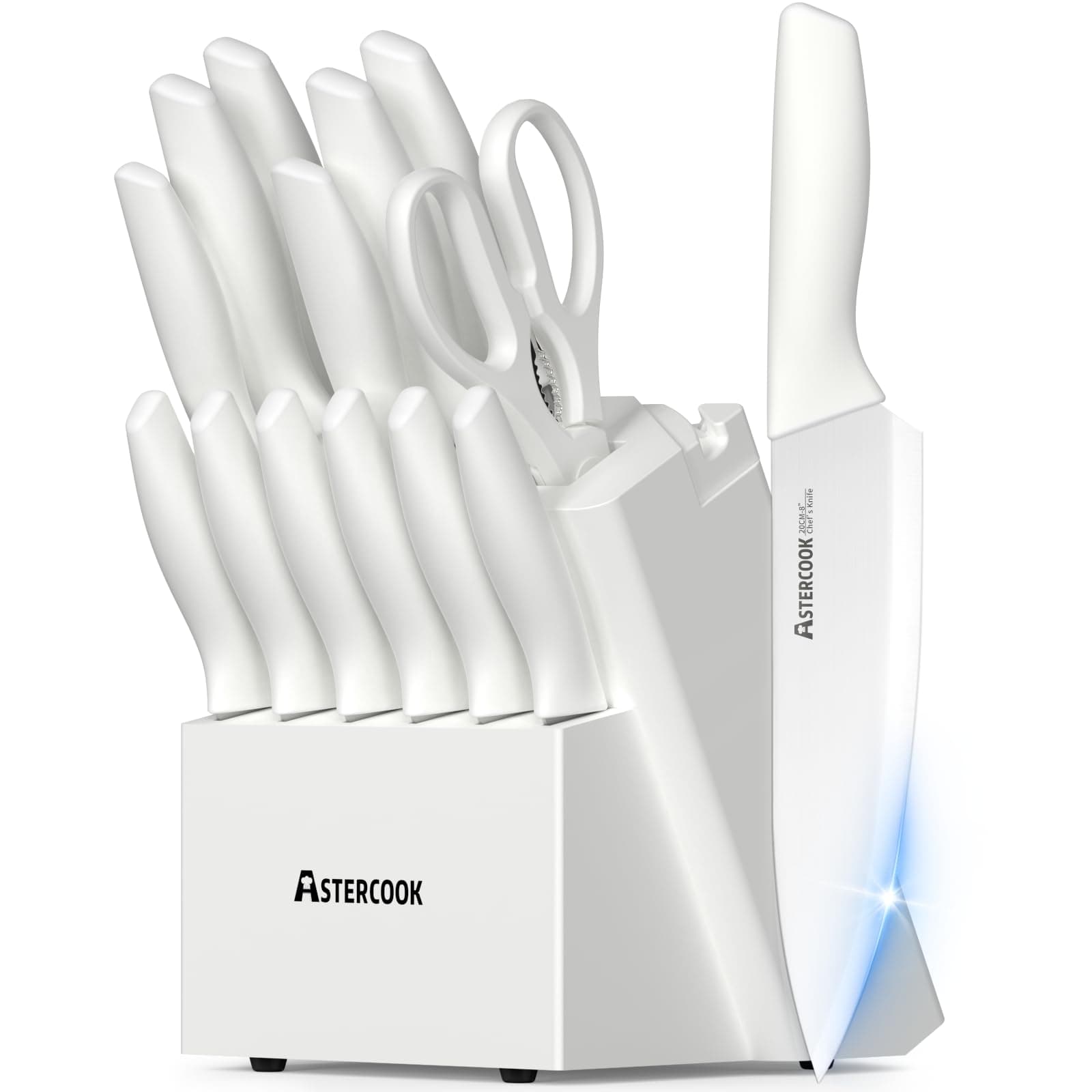 Astercook Knife Set for Kitchen 15 Piece with Block and Sharpener Kitchen Knives with Ceramic Coating Sharp Blade Dishwasher Safe Deba Knives with Anti-slip Ergonomic Handle, Elegant White