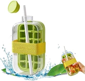 2-in-1 Ice Cube Bottle with Straw - Easy Press Ice Tray Water Bottle, Leak Proof Lid, Vertical Ice Maker for Freezer, Travel, Gym & Home Use (Green, 800ml)