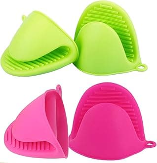 2 Pairs Mini Oven Gloves Silicone Heat Resistant Cooking Pinch Mitts Potholder for Kitchen Cooking & Baking (Green and Rose Red)