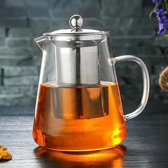 Borosilicate Glass Round Tea Pot with Heat Resistant Stainless Steel Infuser Perfect for Tea and Coffee Maker, Clear Glass Kettle (750 ML, Round Kettle)