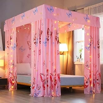 Mengersi Princess Four Corner Post Canopy Bed Curtains for Girls Kids,Not Include Bed Frame,Bedroom Decor (Full, Pink Butterfly)