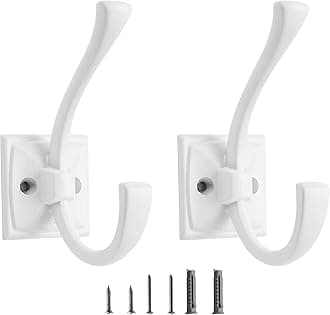 2 Pack Decorative Heavy Duty Towel Hooks for Hanging Robe Double White Coat Hooks Wall Mounted with Screws for Key, Towel, Bags, Cup, Hat
