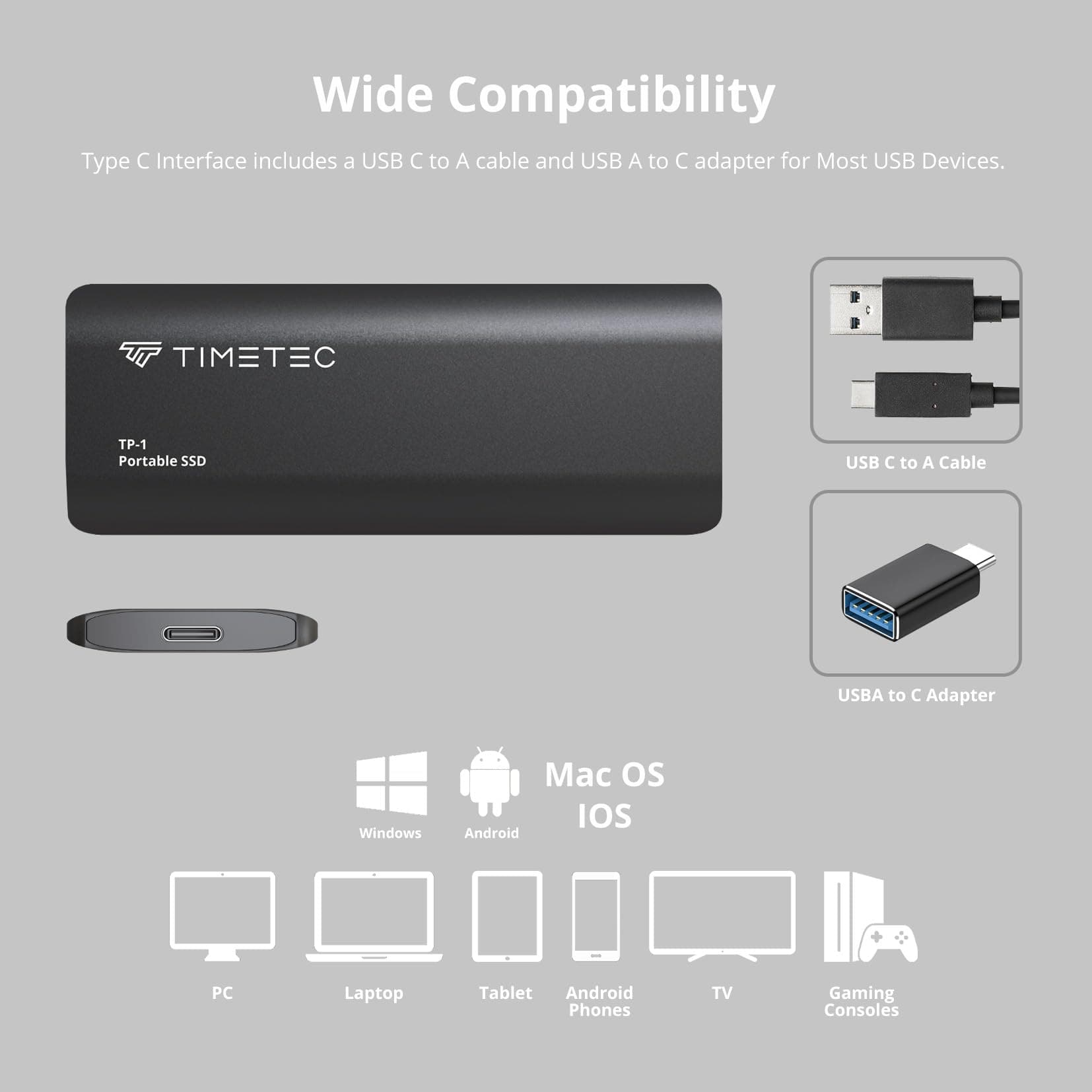 Timetec 256GB Portable External SSD USB3.2 Gen2 USB-Type C Up to 560MB/s Ultra-Slim Flash Aluminum Mini External Solid State Drive - Black
