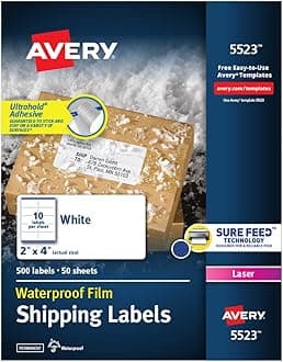 Avery Waterproof Labels with Ultrahold Permanent Adhesive, 2" x 4", Laser, 5-Pack, 2,500 Labels Total (05523)