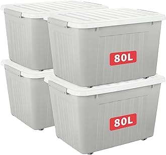 Cetomo 80L*4 Storage Boxes with Lids, Plastic Storage Box with Wheels and Secure Side Latches, Stackable & Nestable Organizer for Home, Office, Moving, PP, Gray, 80L-4 Pack