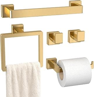 Bathroom Accessory Towel Bar Set: 5 Pieces Gold Bathroom Hardware Square SUS304 Stainless Steel - Wall Mounted Towel Rack&Toilet Paper Holder&Towel Ring and Towel Hook