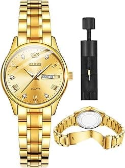 OLEVSGold Watches for Women Stainless Steel Fashion Luxury Women's Wrist Watches with Day and Date OLEVS Watch Small Face Quartz 14k Gold Tone Ladies Watches Dress Female Wrisch,reloj de Mujer