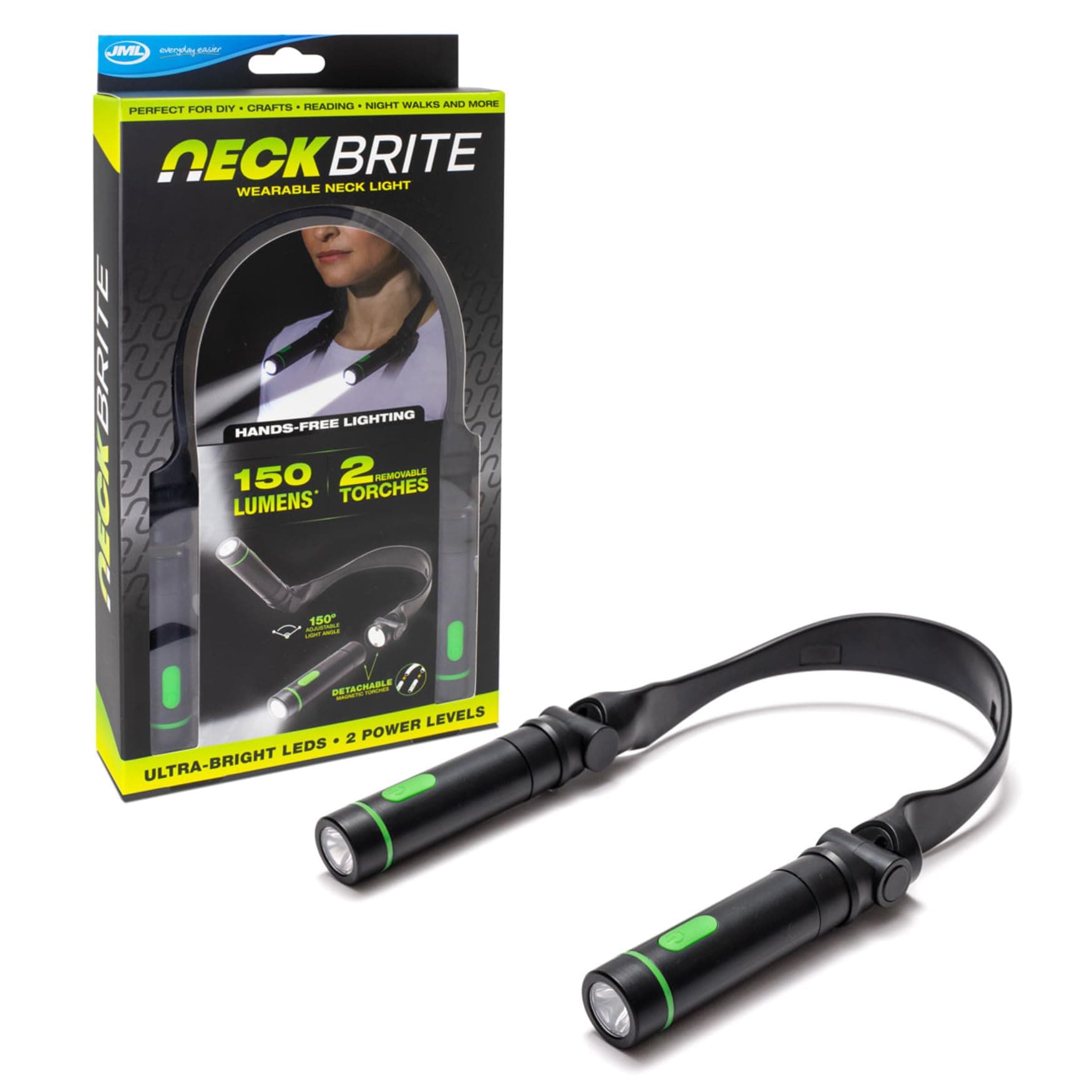 JML Neck Light Torch - Wearable Craft, Work or Reading Light, Magnetic Torches LED Super Bright with Adjustable 150-Degree Angle, Comfortable Neck Strap and Water Resistant Design - Neck Brite