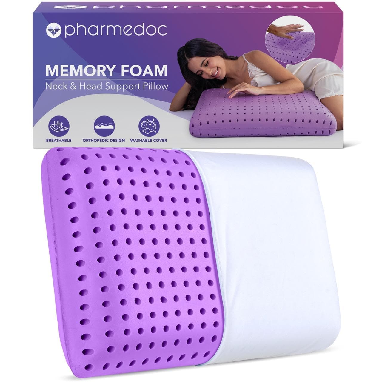 Pharmedoc Cooling Memory Foam Bed Rest Pillows, 1 Pack, Ventilated Lilac Dreamer, Reading, Standard, Back and Side Sleeper Support, Sleeping Pillows for Adults