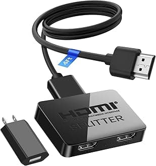 4K HDMI Splitter 1 in 2 Out with Power Adapter and 4Ft Hdmi 2.0 Cable，Mirror 1 Source Screen to 2 Display Devices-Not for Extended Display, 1x2 HDMI Splitter Compatible with PS4, HDTV, Monitor