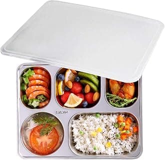 304 Stainless Steel Divided Plates with Lid for Adults Divided Dinner Tray 5 sections Bento Lunch Box Divided Food Containers