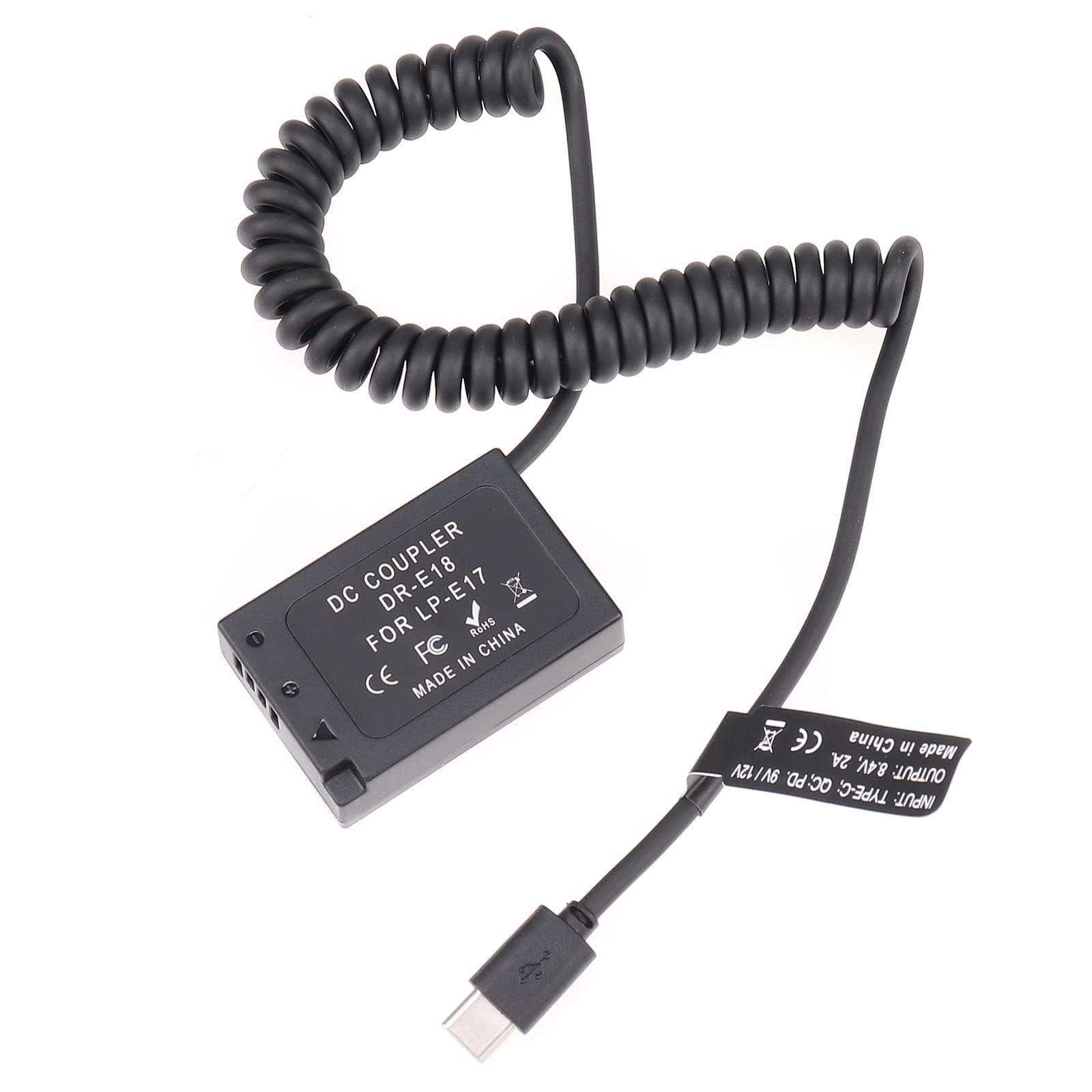 FocusFoto USB-C Type-C to Full Decoded LP-E17 Dummy Battery DR-E18 Coupler Power Adapte Spring Cable for Canon EOS R8 R10 RP 77D 200D Mark II 250D 750D 760D 800D 850D；Rebel T6i T6s T7i T8i SL2 Camera