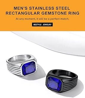 Bestyle Chunky Signet Ring for Men, Stainless Steel/Black Ring Synthetic Gemstone Band Ring Biker Ring for Men, Thumb Pinky Ring Mens Fashion Ring Jewelry Size 7-14, Gift Package