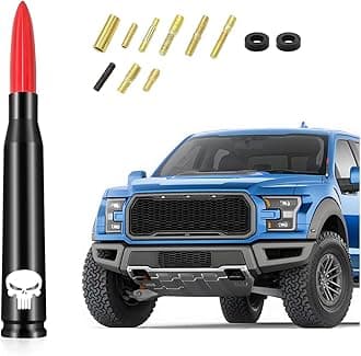 Car Truck Bullet Antenna, 5.5"x0.8" Replacement Short Antenna Mast with Screws Adapter, Skull Design AM/FM Radio Antenna, Automobile Exterior Accessories for Pickup, SUV, Vehicles (Red)