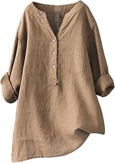 Linen Shirts for Women 2025 Buttons V Neck Cloths Long Sleeve Pockets Tshirt Trendy Dressy Blouses Casual Tunic Tops