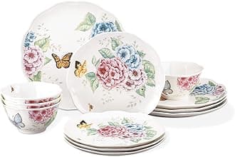 Dinnerware Set, Butterfly Meadow Hydrangea 12-Piece Set, Service For 4, Made From Ceramic Porcelain, Dishwasher And Microwave Safe, Plates And Bowls Sets, Home & Kitchen (Assorted, 12 Piece)