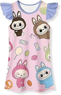 Girls Cute Cartoon Gown Dress Flutter Sleeves Kids Round Neck Party Wear Oufits