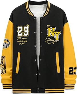 SOLY HUX Men's Graphic Varsity Jacket Color Block Letter Print Long Sleeve Oversized Baseball Jacket