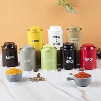 Multicolor Mild Steel Spice Jar Set of 8 (250ml Each) | Leak-Proof Kitchen Storage Containers for Masala, Spices and Seasonings | Glossy Food Canister Set for Kitchen Organization