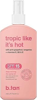 b.tan SPF 15 Deep Dry Spray Tanning Oil | Tropic Like It's Hot - Get a Tropic Glow, Keeps Skin Hydrated, Loved Up & Hot AF from Grapefruit, Tangerine, Vitamins C, B5, E, A + Touch of Self Tan, 8 Fl Oz