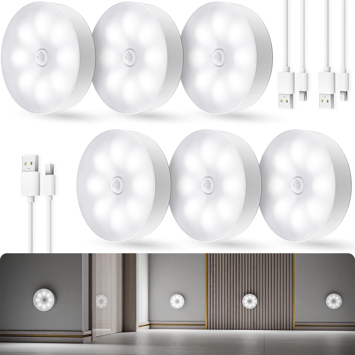Motion Sensor Light for Home (Pack of 6) with USB Charging Wireless Self Adhesive LED Body Induction Lamp Sensor Light for Wardrobe Lights with Sensor Night Light for Cupboard Stairs