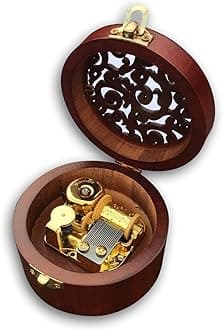 BinkeGG Play (Love Story (Where do I Begin)) Brown Wooden Circular Hollow Out Music Box with Sankyo Musical Movement (65 Tunes Option)