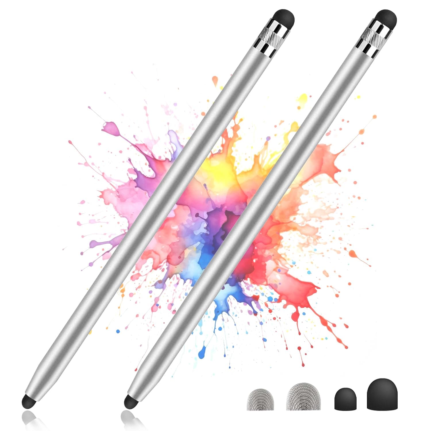 2 Pack Stylus Pens for Touch Screens, High Sensitivity Precision Capacitive Stylus Pen Compatible with iPad iPhone Samsung Tablets All Universal Touchscreen Devices with 4 Rubber Tips (Silver)