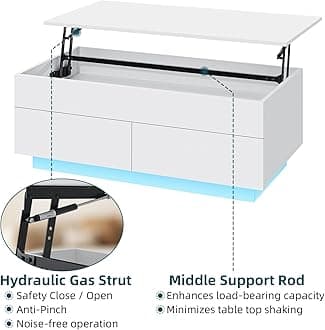 LED Coffee Table with Lift Top Morden Coffee Table with Storage High Gloss White Sofa Table for Living Room Center Tables Hidden Compartment & 2 Drawers