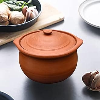 EZAHK Handmade Clay Earthen Non-Stick Kadai Pot With Lid For Cooking & Serving - Brown(2 Litre) Natural And Traditional Pure