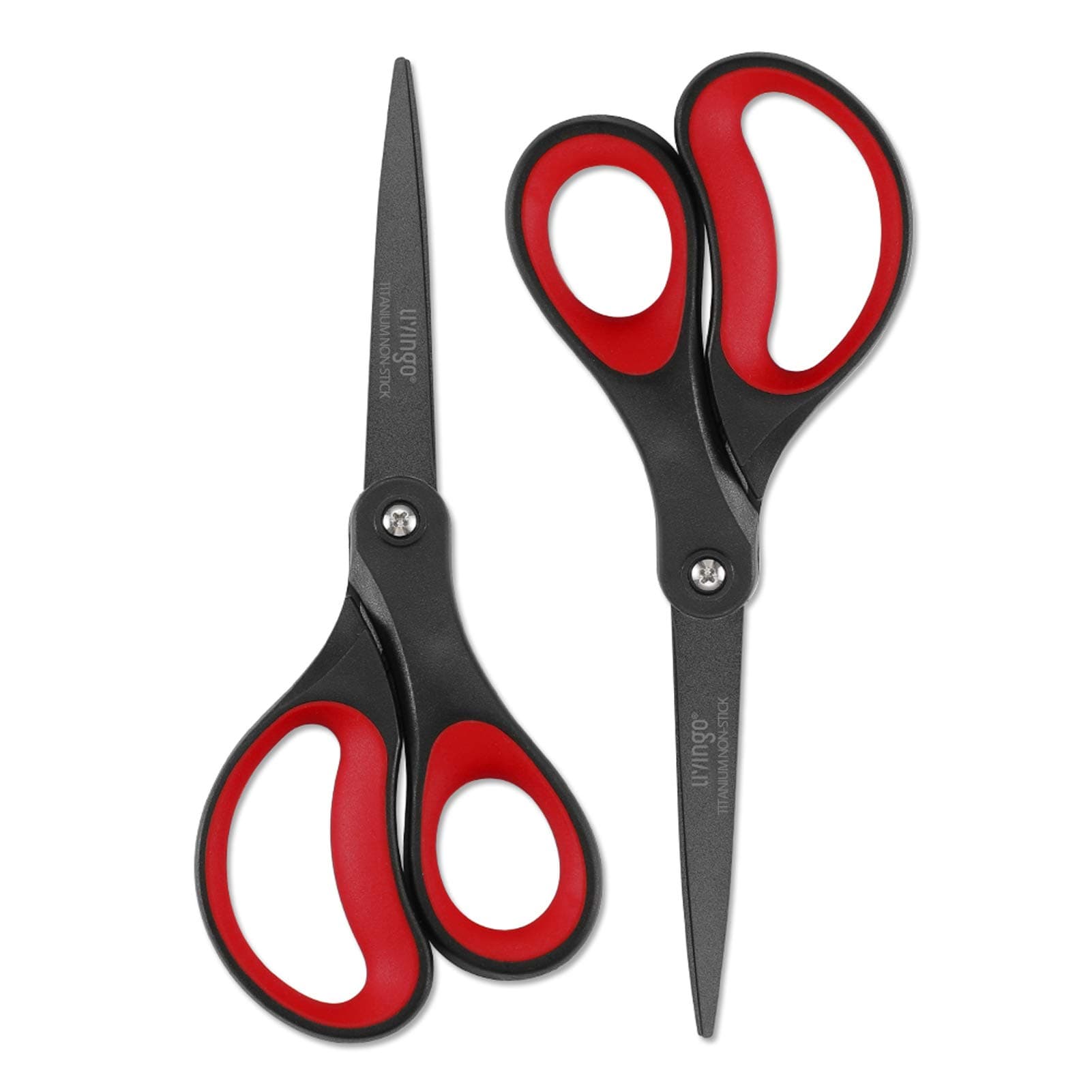 LIVINGO 2 Pack 8" Titanium Non-Stick Scissors, Professional Stainless Steel Comfort Grip, All-Purpose, Straight Office Stationery Craft Paper Fabric Household Sharp Shears Set for DIY(Red/Black)